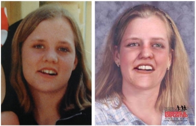 Lindsay Nicholls, deux photos, femme aux yeux verts et aux cheveux blonds et photo vieillie jusqu’à 30 ans