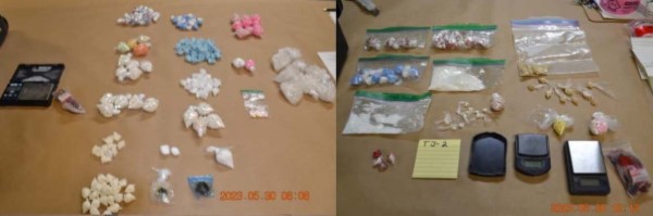 Seized drugs displayed on table and labeled